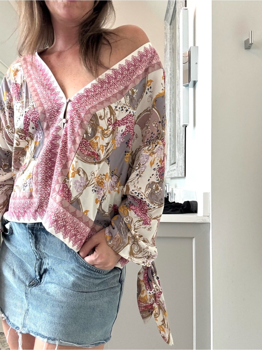 Free People Pink and Cream Boho V-Neck Tie-Sleeve Blouse